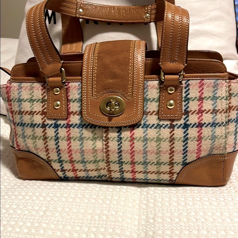 Coach Tattersall Carryall Plaid and Leather  Handbag